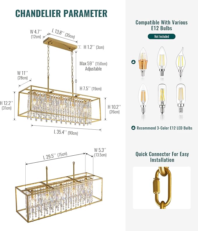 Siljoy Rectangular Gold Crystal Chandelier for Dining Room, 5-Light Modern K9 Crystal Raindrop Chandelier Luxury Crystal Pendant Ceiling Light for Living Room Kitchen Island L35.4'' x W11'' x H12''