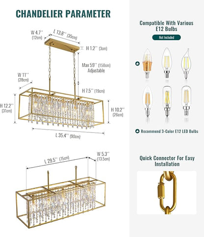 Siljoy Rectangular Gold Crystal Chandelier for Dining Room, 5-Light Modern K9 Crystal Raindrop Chandelier Luxury Crystal Pendant Ceiling Light for Living Room Kitchen Island L35.4'' x W11'' x H12''