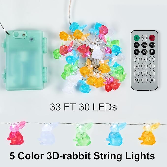 Easter Decorations Lights String 10ft 30 LEDs Bunny Light Easter String Lights Battery Operated with Remote 3D Rabbit Shaped Bunny Decor for Indoor Outdoor Home Party Bedroom