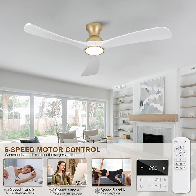 White Gold Ceiling Fans with Lights Flush Mount,52 inch Solid Wood,Remote Control,Wall Switch,Dimmable,Reversible,Power Off Memory Modern Ceiling Fan for Bedroom Patio Indoor/Outdoor Use