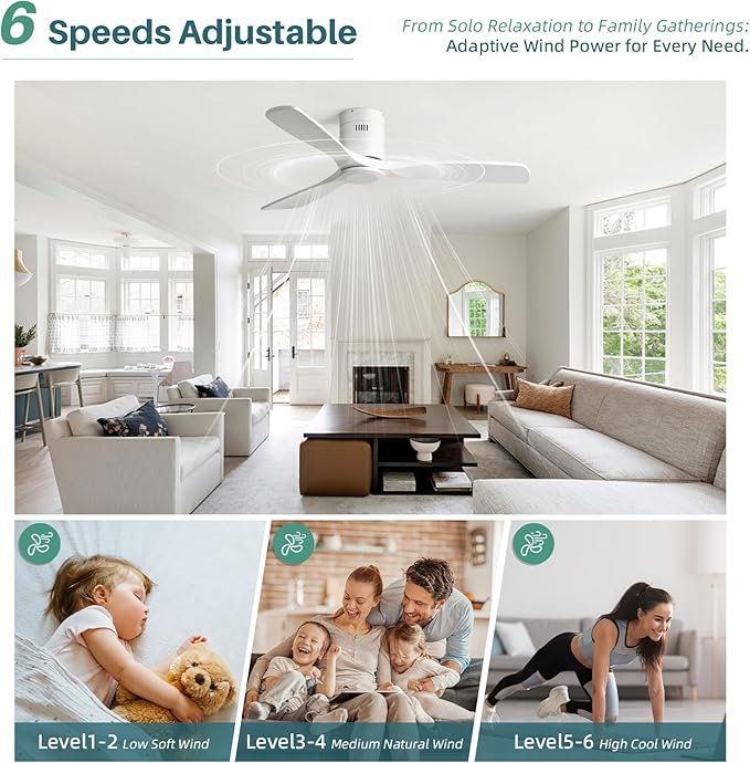 CACI Mall 52 Inch Smart Ceiling Fan without Light, Flush Mount, 3 Blades Solid Wood, Low Profile, Modern, Outdoor/Indoor Ceiling Fans No Light for Bedroom/Farmhouse/Patio