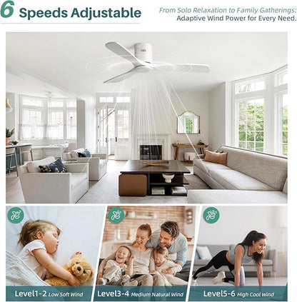 CACI Mall 52 Inch Smart Ceiling Fan without Light, Flush Mount, 3 Blades Solid Wood, Low Profile, Modern, Outdoor/Indoor Ceiling Fans No Light for Bedroom/Farmhouse/Patio