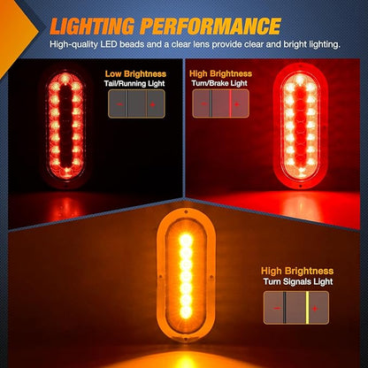 Nilight Trailer Tail Light 2PCS 6Inch Oval 23 LED Red Amber Chrome Frame Marker Clearance Stop Brake Turn Signal Running Taillight IP67 Waterproof for Trailer Truck Pickup Camper RV