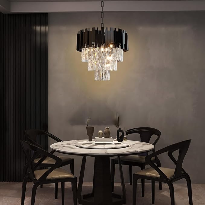 Modern Crystal Chandelier 16" Round K9 Crystal Ceiling Light Adjustable Black 3-Tier Chandelier with 5 Lights Elegant Fixture for Dining Room Living Room Foyer