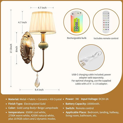 Wireless Battery Operated Antique Brass Wall Sconces Set of 2, 10000mAh Rechargeable Gold Crystal Vintage Fabric Shade Wall Lights with Bulbs & Remotes, RGB Dimmable for Living Room Bedroom Hallway