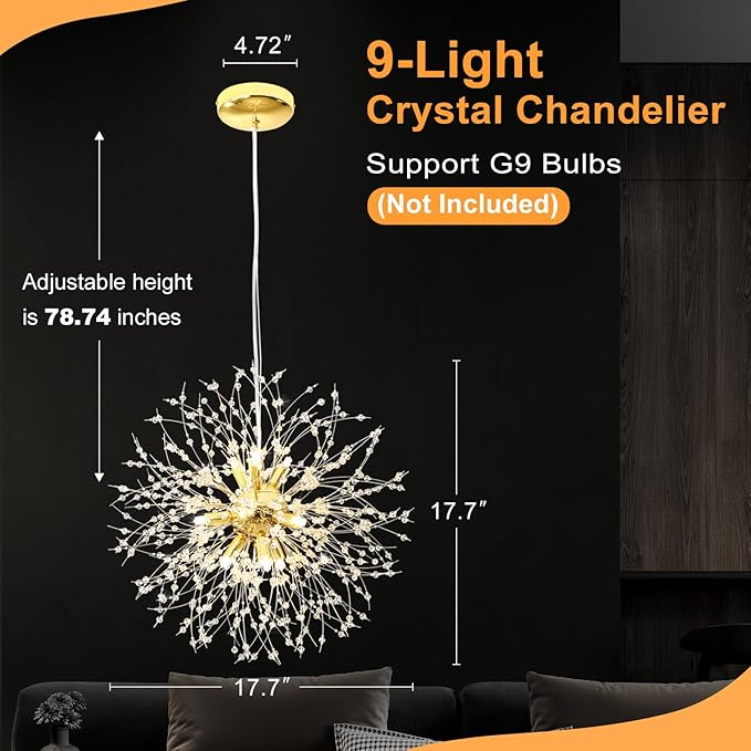 Yiisem Gold Crystal Chandeliers, 9-Light Modern Dandelion Firework Pendant Lighting, G9 Hanging Chandelier Light Fixtures for Dining Room Bedroom Hallway Kitchen Aisle