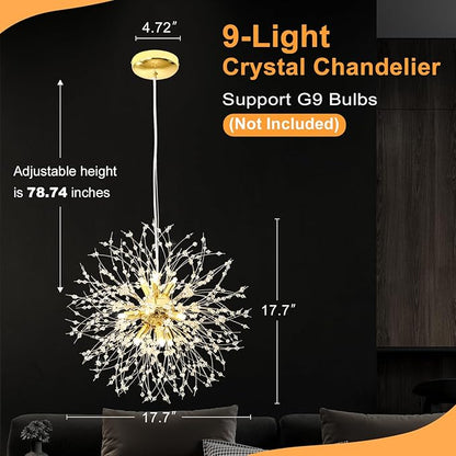 Yiisem Gold Crystal Chandeliers, 9-Light Modern Dandelion Firework Pendant Lighting, G9 Hanging Chandelier Light Fixtures for Dining Room Bedroom Hallway Kitchen Aisle