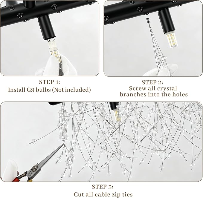 Chandeliers for Dining Room 59" Linear Crystal Chandeliers Light Fixture Firework Dandelion Sputnik Chandelier Long Black Crystal Branch Pendant Light for Kitchen Island Living Room Dining Table