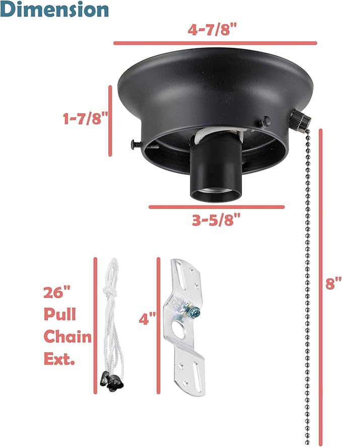 Aspen Creative 22101-01-1, Flush Mount Ceiling Fixture Shade Holder Kit with On/Off Pull Chain Switch in Matte Black Finish 3-5/8" Fitter, 4-7/8" Diameter x 1-7/8" Height