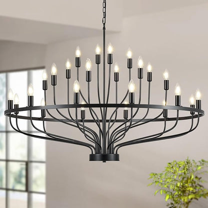 47.2" Large Black Chandelier 24 Light Rustic Industrial Candle Chandeliers Modern Farmhouse Vintage Wagon Wheel Chandelier for Dining Room, Kitchen Island, Hallway, Living Room, Foyer, E12