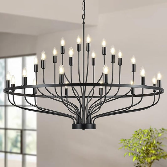47.2" Large Black Chandelier 24 Light Rustic Industrial Candle Chandeliers Modern Farmhouse Vintage Wagon Wheel Chandelier for Dining Room, Kitchen Island, Hallway, Living Room, Foyer, E12