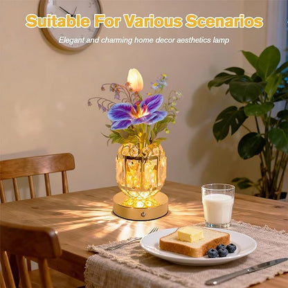 Flower Table Lamp, 3-Color Dimmable Tulip Artificial Flowers Night Light, Rechargeable Cordless Small Lamp, Ambient Light with Crystal Vase for Party Home Desk Decorations (Purple Blue - Flower)