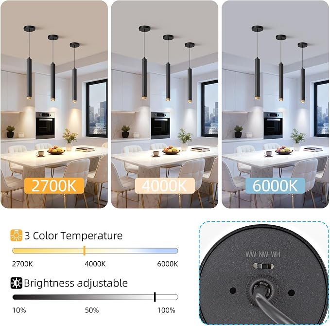 OKELI Modern Black LED Pendant Light for Kitchen Island, 3 Pack – Dimmable Zoomable Pendant, Adjustable Beam Angle, 3 Color Temps 2700K/4000K/6000K, Mini Hanging Light for Bar or Bedroom, 7W 15"