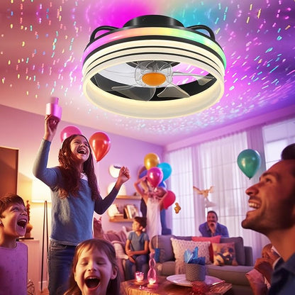 Mpayel Flush Mount Ceiling Fan with Light - Small Low Profile Ceiling Fan,13" RGB Dimmable LED Bladeless Ceiling Fans, Modern Enclosed LED-RGB Ambient Light for Bedroom, Kids Room, Party