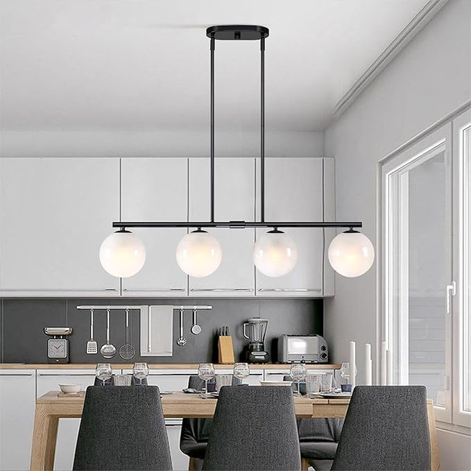 Mid Century Globe Sputnik Chandelier Black Island Light Linear Chandelier Milky Art Glass Shade Globe Pendant Light Fixture for Bedroom Living Room Hallway Dining Room Kitchen T720604L-BK
