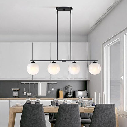 Mid Century Globe Sputnik Chandelier Black Island Light Linear Chandelier Milky Art Glass Shade Globe Pendant Light Fixture for Bedroom Living Room Hallway Dining Room Kitchen T720604L-BK