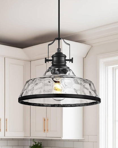 kudos 2 Pack Pendant Lights Kitchen Island, 11" Black Kitchen Island Lighting with Clear Hammered Glass Shade, Farmhouse Large Hanging Light Fixture for Kitchen Sink Dining Room, KDPL13-BK-H-2PK