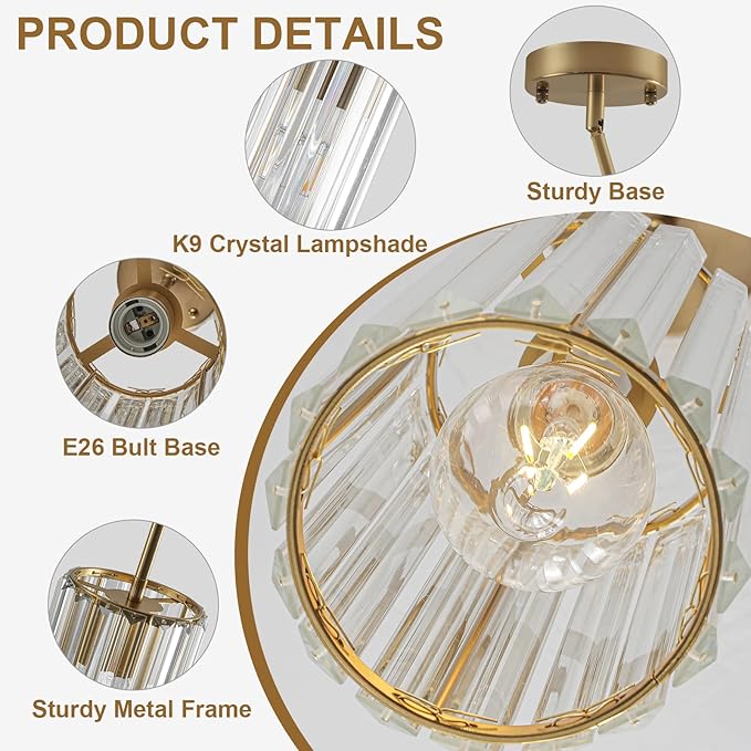 3 Pack Gold Modern Crystal Pendant Lights Hanging Light Fixtures, Gold Kitchen Island Pendant Lighting Fixtures Adjustable Modern Crystal Pendant Lights for Island Dining Room Hallway Bedroom