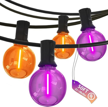 SUNSGNE G40 LED Halloween String Lights Outdoor 50FT Halloween Globe Lights with 27 LED Shatterproof Clear Orange Purple Bulbs(2 Spare) for Patio Balcony Backyard Pergola Decor
