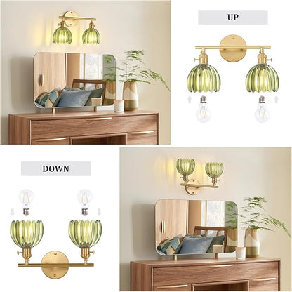 Shenmoyl Bathroom Light Fixtures, 2-Light Brass Vanity wall Light Over Mirror with Green Tulip Glass Shade for Bedroom Living Room (Bulb Not Included)