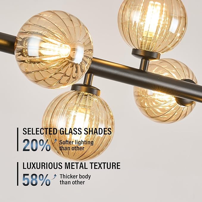 Mid Century Modern Glass Globe Sputnik Chandelier, 9-Light Linear Chandeliers for Dining Room, Kitchen Island, Living, Dining Room Light Fixture Over Table, Black and Amber Bubble, 40 Inch