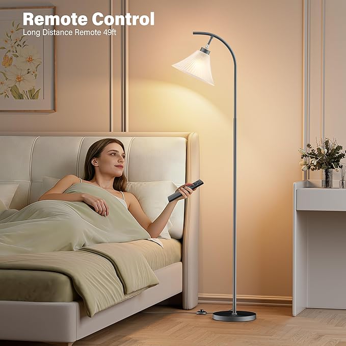 SIBRILLE Glass Floor Lamp, Dimmable Black Standing Lamp with Remote Control & 3 Color Temperatures, Modern Arc Floor Lamps for Living Room Bedroom Office Corner, 9W LED Bulb Included