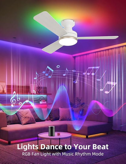 42" RGB Ceiling Fan with Light, Music Sync Smart Fan with Alexa/Google/App Control, Low Profile Flush Mount, 6-Speed Quiet DC Motor, 4 CCT Dimmable Lighting for Bedroom, Champagne Gold
