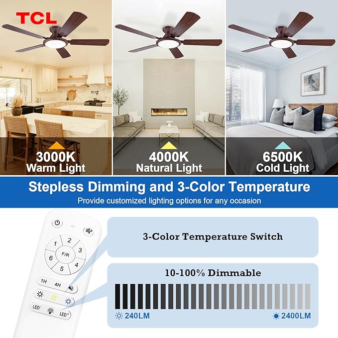 TCL 52" Ceiling Fan with Light: Wood Grain Blades Copper Bronze Finish Low Profile Ceiling Fan with Light and Remote Control Flush Mount DC Reversible Motor Noiseless 6 Speeds for Bedroom(Brown)