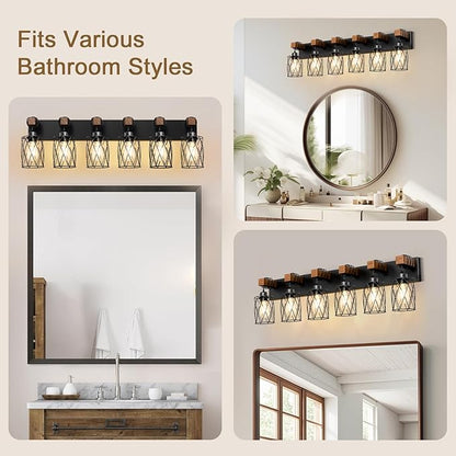 IZORRO Farmhouse Bathroom Vanity Light, 6-Light Wood Bathroom Light Fixtures Over Mirror, Black Industrial Vanity Lights with Metal Shade, Rustic Restroom Lighting Fixtures