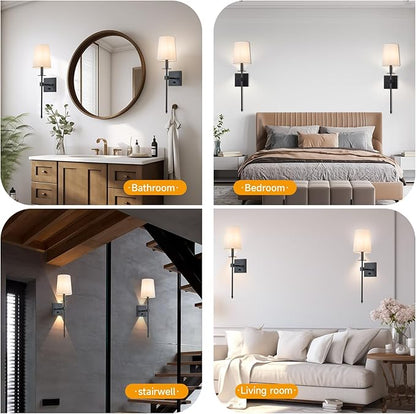 Wall Sconces Sets of 2, Retro Industrial Wall Lamps, Hardwired Bathroom Vanity Sconces Wall Lighting with White Fabric Shade, Indoor Wall Lights for Bedroom Living Room Corridor Black