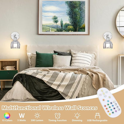 Vintage Battery Operated Wall Sconce, Smoky Gray Tulip Glass Lampshade Wireless Rechargeable Battery Powered LED Wall Light with Remote Dimmable for Bedside Bedroom Living Room, Silver, Set of 2
