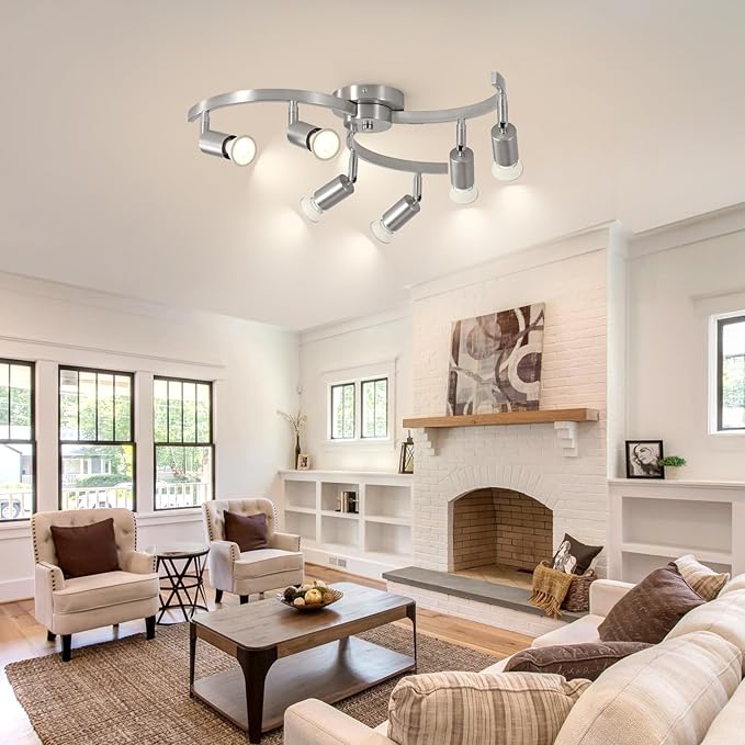 6 Light Track Lighting Fixtures Ceiling, Flexibly Rotatable Light Heads, Nickel Semi Flush Mount Ceiling Light for Kitchen Dining Room Living Room.Gu10 Bulb Base.