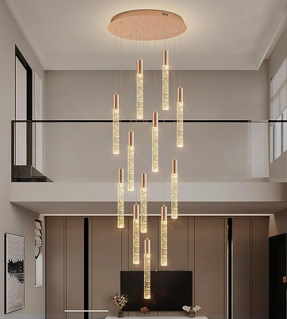 12-Lights High Ceiling Crystal Chandelier, Modern Large LED Raindrop Pendant Light Fixture 99" H Flush Mount Chandelier Gold for Foyer Staircase Villa Living Room