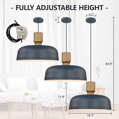 Darkaway Oversized Industrial Pendant Light Fixtures with Hammered Metal Shade, 18.1inch Blue Large Pendant Lighting for Kitchen Island Hanging Lamp Adjustable Height