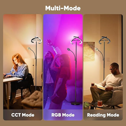 SIBRILLE Upgraded RGBCW Floor Lamp with Reading Lamp, Rotatable Remote Control LED Standing Lamp Dimmable Floor Light Modern Standing Light for Living Room Bedroom Home Office, 36W, Black