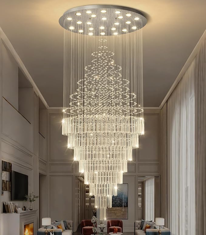 HAIXIANG W47 x H120 Crystal LED Chandelier with Light Bulbs Luxury Raindrop High Ceiling Chandeliers for Entryway Villa Staircase Foyer Living Room Lighting Fixtures Silver
