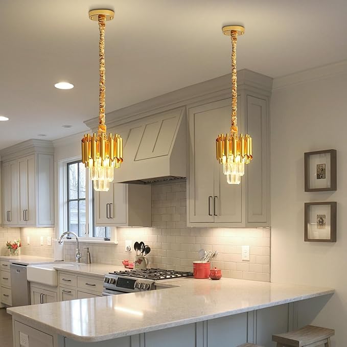 Modern Gold Crystal Chandelier 2-Tier Round Pendant Lighting Light Fixture Chandelier for Kitchen Island Entryway Bathroom BedHead Bedroom