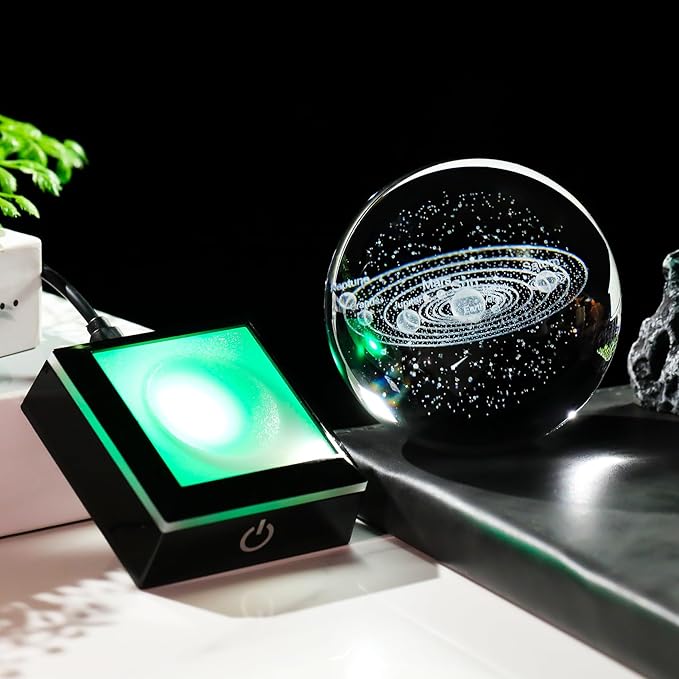 Arikyrist 3D Solar System Crystal Ball 80mm with Light Base, Laser Engraved Space Universe Astronomy Gifts for Women Men Teens Boys and Girls, Glass Planet Solar System Model Sphere Night Light Decor