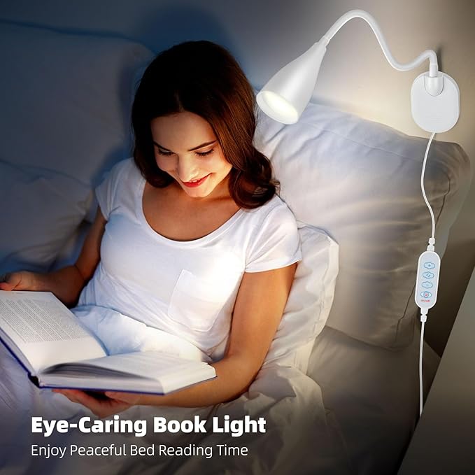 LiFMIRA Wall-Mounted LED Bedside Reading Light with USB Charging Port, 10-Level Dimmable & Adjustable 5 Color, Plug-in Adhesive Night Lamp for Books in Bed, Eye-Caring Bedroom Lighting (White 2 Pack)