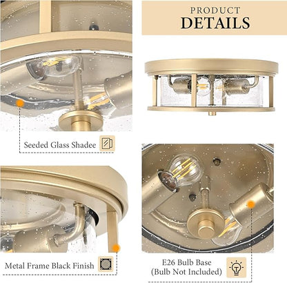 Gold Flush Mount Ceiling Light Fixture with Glass Brass Ceiling Light Fixture for Bedroom, Indoor Outdoor Ceiling Lights for Porch Hallway Kitchen