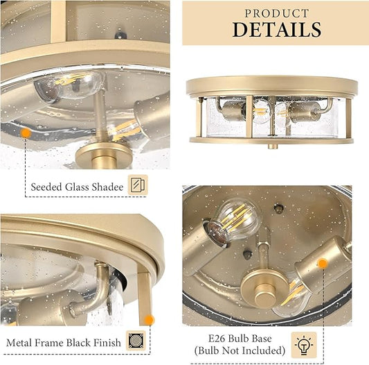 Gold Flush Mount Ceiling Light Fixture with Glass Brass Ceiling Light Fixture for Bedroom, Indoor Outdoor Ceiling Lights for Porch Hallway Kitchen
