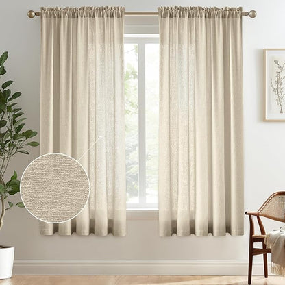 Melodieux Tan Semi Sheer Curtains 72 Inches Long for Bedroom, Living Room Farmhouse Linen Look Shiny Sheer Drapes, Rod Pocket Light Filtering Sheer Curtains, 52" W x 72" L, 2 Panels