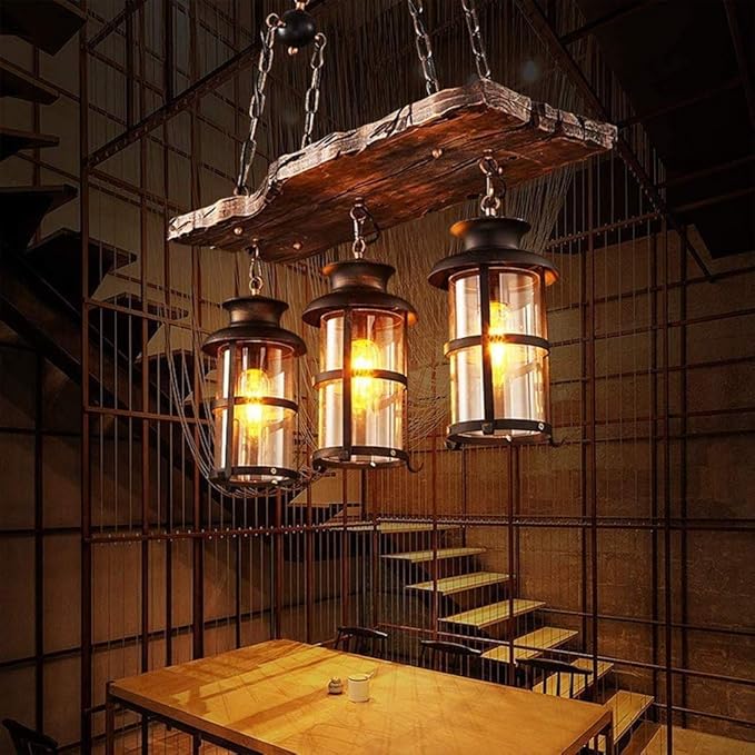 Wood Retro Pendant Lighting Industrial Vintage Chandelier Black Metal Bedroom Restaurant Suspension Lamp Cage Frame with Glass Shade House Loft Bar Coffee Decoration Ceiling Lights Fitting, E27