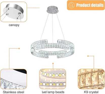 D16'' Modern Crystal Ring Chandeliers for Living Room Dinning Room Crystal Pendant Light Dimmable 3000k-6000k