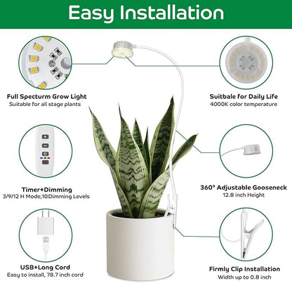 Grow Lights for Indoor Plants, Mini Plant Light, Full Spectrum Clip on Small Grow Lights for Indoor Growing, 10 Dimmable Auto On Off 3 9 12 Hrs Timer for Office Home
