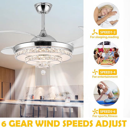 42" Fandelier Invisible Ceiling Fan Chandelier with Light,Modern Crystal Ceiling Fan Light Remote Control 4 Retractable ABS Blades for Bedroom Living Dining Room Decoration
