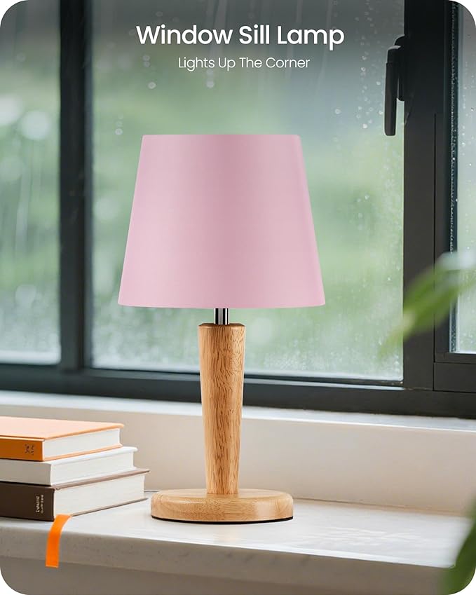 12" Wood Bedside Table Lamps Set of 2, Small Desk Lamps for Small Places, 3 Color Temperatures with Memory, Pink Linen Shade & E26 Bulbs, for Bedroom Living Room Office MP13TLP205