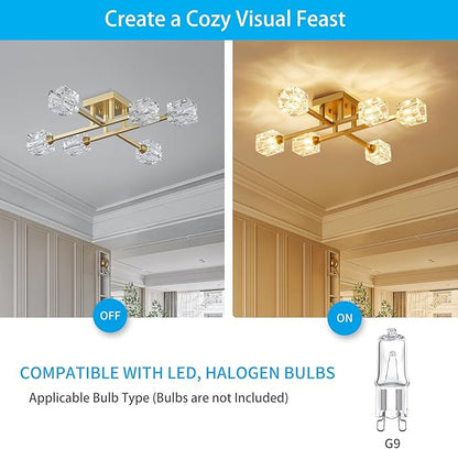 XINGQI Modern Ceiling Light 6 Lights Semi Flush Mount Ceiling Light Fixture, Gold Sputnik Chandeliers Mid Century Industry Lights for Bedroom Dining Room Farmhouse Kitchen