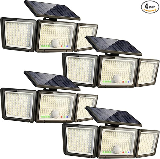 Solar Outdoor Lights Motion Sensor, 2500LM 286 LED Security Flood Lights with Visual Battery & Mode Display, 3 Lighting Modes, IP65 Waterproof 3-Head Wide Angle for Garage, Yard, Patio (4 Pack)