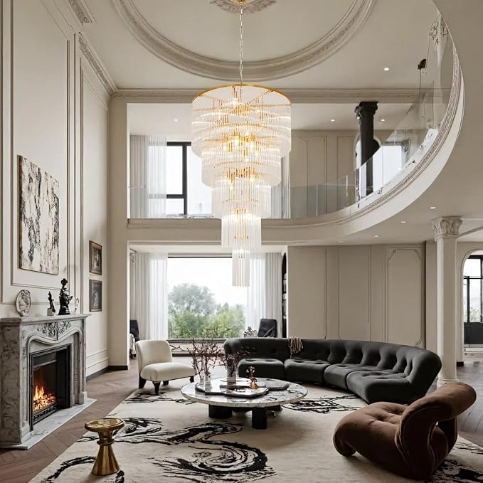 25 Light Staircase Crystal Chandeliers H49 W27.5 Modern Contemporary Elegant 5-Tier K9 Crystal Glass Chandelier Pendant Ceiling Lighting Fixture for Entryway